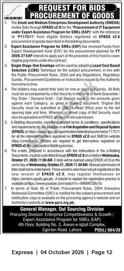 Newspaper clipping: SMEDA Request for Bids — Procurement of IT Equipment for Export Assistance Program (Ref: P117511), Express, 04 Oct 2026