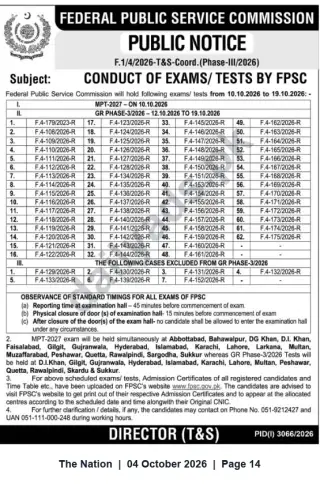 Newspaper clipping: FPSC Public Notice: Conduct of Exams/Tests (10 Oct–19 Oct 2026), The Nation, 04 Oct 2026