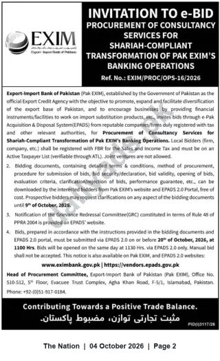 Newspaper clipping: e-Bid Invitation: Consultancy for Shariah‑Compliant Transformation of Pak EXIM Banking Operations, The Nation, 04 Oct 2026