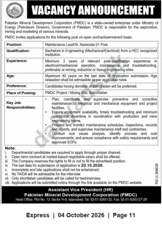 Newspaper clipping: PMDC Vacancy: Maintenance Lead / Senior Associate (1 Post) — Mining Site, Balochistan, Express, 04 Oct 2026