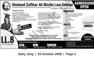 Newspaper clipping: Admissions Open — LL.B (4-Year) at Shaheed Zulfikar Ali Bhutto Law College, Memon Goth, Malir, Karachi, Jang, 04 Oct 2026