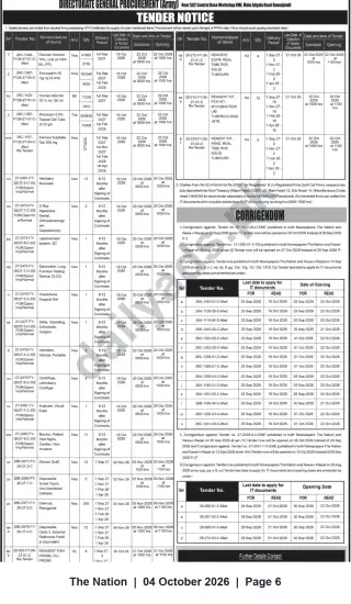 Newspaper clipping: Directorate General Procurement (Army) Tender Notice – Medical Supplies & Equipment (Rawalpindi), The Nation, 04 Oct 2026