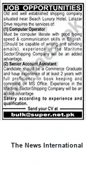 Newspaper clipping: Shipping Company Hiring: Computer Operator & Senior Account Assistant — Send CV, The News International, 04 Oct 2026
