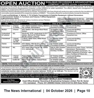 Newspaper clipping: Open Auction: Shalimar Recording & Broadcasting Company Limited (Under Liquidation) — Nationwide Assets, The News International, 04 Oct 2026