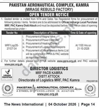 Newspaper clipping: Open Tender for Supply of Store Items — Pakistan Aeronautical Complex (MRF) Kamra, The News International, 04 Oct 2026