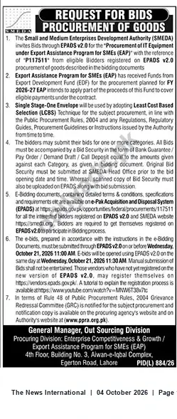 Newspaper clipping: SMEDA Request for Bids: Procurement of IT Equipment under Export Assistance Program for SMEs (Ref: P/11751), The News International, 04 Oct 2026