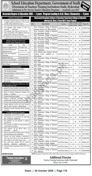 Newspaper clipping: ADE (2‑Year) & B.Ed. (Hons.) (4‑Year) Admissions 2027 — Teachers Training Institutions Sindh, Hyderabad, Dawn, 04 Oct 2026