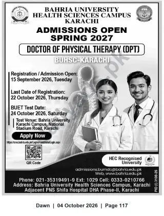 Newspaper clipping: Bahria University Karachi — Doctor of Physical Therapy (DPT) Admissions Spring 2027, Dawn, 04 Oct 2026