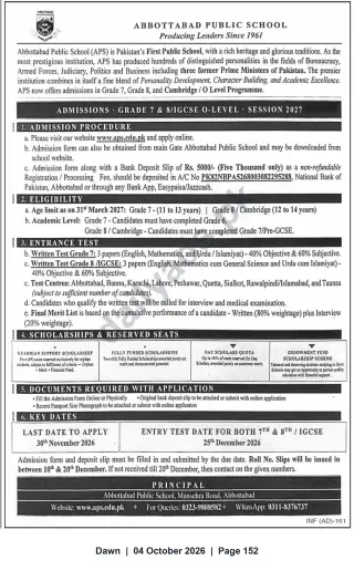 Newspaper clipping: Abbottabad Public School Admissions 2027 — Grade 7 & Grade 8 / IGCSE O‑Level, Dawn, 04 Oct 2026