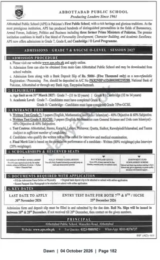 Newspaper clipping: Abbottabad Public School Admissions 2027 — Grade 7, Grade 8 & IGCSE O‑Level, Dawn, 04 Oct 2026
