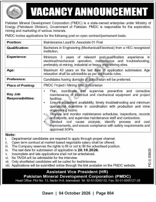 Newspaper clipping: PMDC Vacancy: Maintenance Lead / Senior Associate (1) — Mining Site, Balochistan, Dawn, 04 Oct 2026
