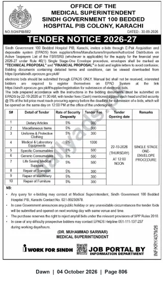 Newspaper clipping: Tender Notice: Supplies & Services for Sindh Government 100‑Bedded Hospital PIB, Karachi — FY 2026-27, Dawn, 04 Oct 2026