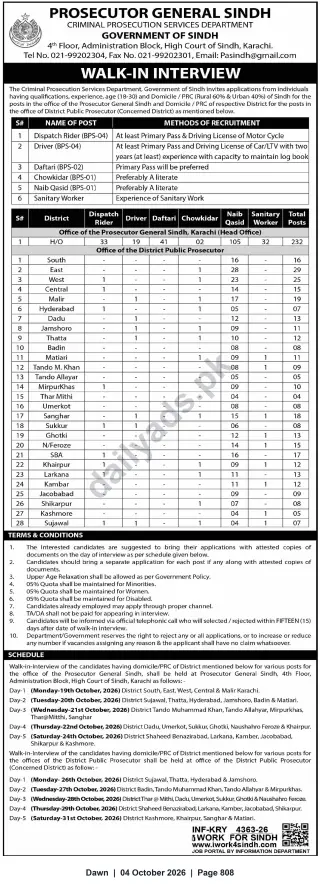 Newspaper clipping: Prosecutor General Sindh — Walk-in Interviews for Support Staff (Dispatch Riders, Drivers, Daftari, Chowkidar, Naib Qasid, Sanitary Workers), Dawn, 04 Oct 2026