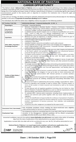 Newspaper clipping: Relationship Manager – Corporate Banking | National Bank of Pakistan (Lahore), Dawn, 04 Oct 2026