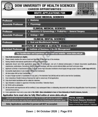 Newspaper clipping: Faculty Vacancies at Dow University of Health Sciences, Karachi — Medical, Dental & Business Teaching Posts, Dawn, 04 Oct 2026