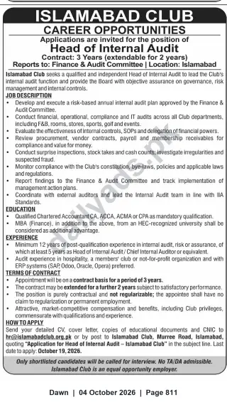 Newspaper clipping: Head of Internal Audit — Islamabad Club (3‑year Contract), Dawn, 04 Oct 2026