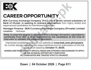 Newspaper clipping: Manager Finance vacancy at BOK Currency Exchange Company — Peshawar, Dawn, 04 Oct 2026