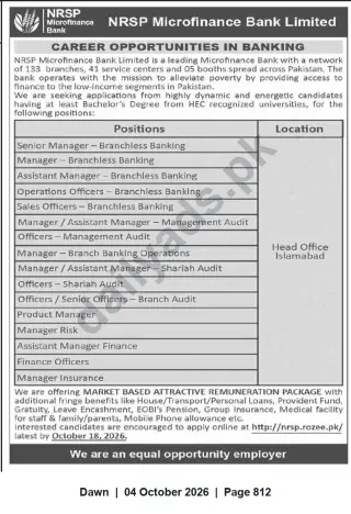 Newspaper clipping: NRSP Microfinance Bank Careers – Multiple Banking Positions (Head Office Islamabad), Dawn, 04 Oct 2026