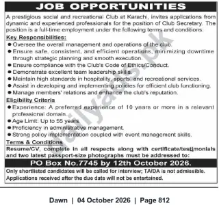 Newspaper clipping: Club Secretary Vacancy — Prestigious Social & Recreational Club, Karachi, Dawn, 04 Oct 2026