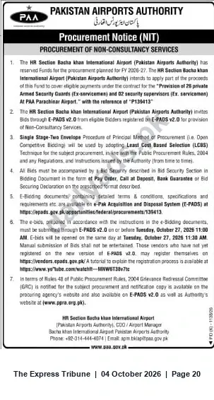 Newspaper clipping: PAA Tender: Provision of 25 Armed Security Guards and 2 Supervisors for Parachinar Airport (Ref P139413), The Express Tribune, 04 Oct 2026