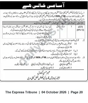 Newspaper clipping: Public Job Vacancies (includes BPS-13) — Apply by 2020-10-05, The Express Tribune, 04 Oct 2026