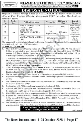 Newspaper clipping: IESCO Disposal Notice — E-Bids for Vehicles (AS IS WHERE IS), The News International, 04 Oct 2026