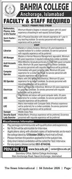 Newspaper clipping: Bahria College Anchorage, Islamabad — Faculty & Staff Vacancies, The News International, 04 Oct 2026