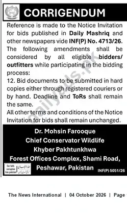 Newspaper clipping: Corrigendum: Bid Submission Method Update — Chief Conservator Wildlife, Khyber Pakhtunkhwa, The News International, 04 Oct 2026