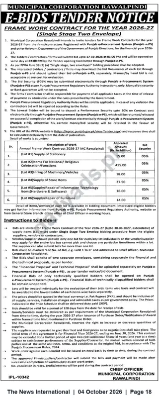 Newspaper clipping: Municipal Corporation Rawalpindi E‑Bids Tender: Framework Contract 2026‑27 (Single Stage Two Envelope), The News International, 04 Oct 2026
