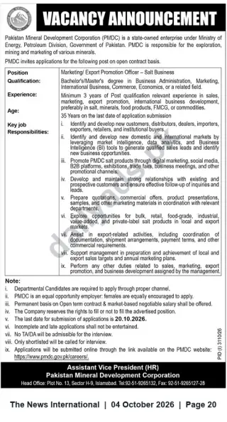 Newspaper clipping: Marketing / Export Promotion Officer – Salt Business (PMDC) — Islamabad, The News International, 04 Oct 2026