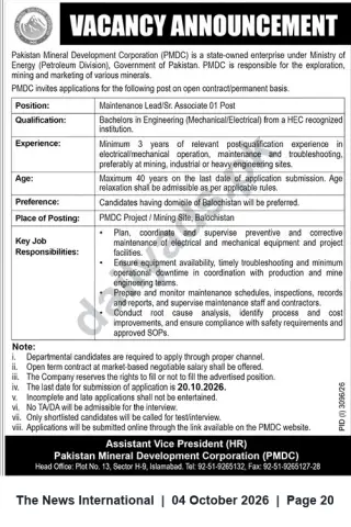 Newspaper clipping: PMDC Vacancy — Maintenance Lead / Sr. Associate (1) for Mining Project, Balochistan, The News International, 04 Oct 2026