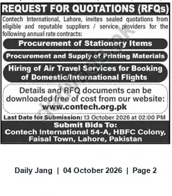 Newspaper clipping: Contech International RFQs — Annual Rate Contracts for Stationery, Printing & Air Travel Services, Jang, 04 Oct 2026