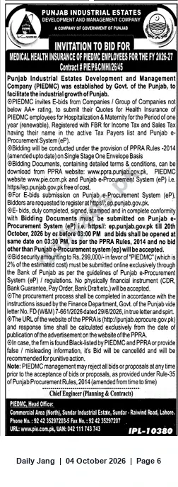 Newspaper clipping: PIEDMC Invitation to Bid: Medical Health Insurance for Employees FY 2026-27, Jang, 04 Oct 2026