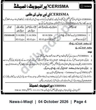 Newspaper clipping: CERISMA Invitation to Bid for SAP Ariba Implementation (Ref: CRZ/0016/SIR), Nawa-i-Waqt, 04 Oct 2026