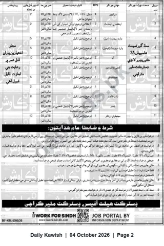 Newspaper clipping: District Health Office Malir, Karachi — Multiple Support Staff Vacancies (Drivers, Electricians, Plumbers, Sanitary Workers), Daily Kawish, 04 Oct 2026