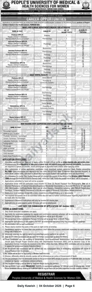 Newspaper clipping: PUMHSW-SBA Faculty & Non‑Teaching Vacancies — Apply by 2026-10-20, Daily Kawish, 04 Oct 2026
