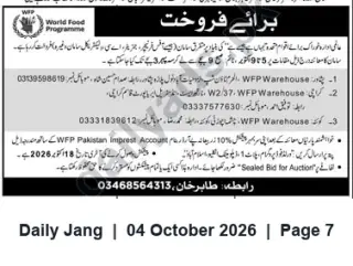 Newspaper clipping: WFP Sealed-Bid Auction of Warehouse Stocks — Contact Numbers Listed, Jang, 04 Oct 2026
