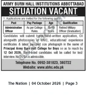 Newspaper clipping: Army Burn Hall Institutions Abbottabad — Administration Officer (Retired Military Officer) Vacancy, The Nation, 04 Oct 2026