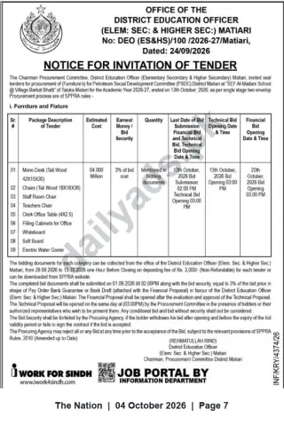 Newspaper clipping: Tender Invitation — Procurement of Furniture for PSDC, District Matiari (DEO Matiari), The Nation, 04 Oct 2026