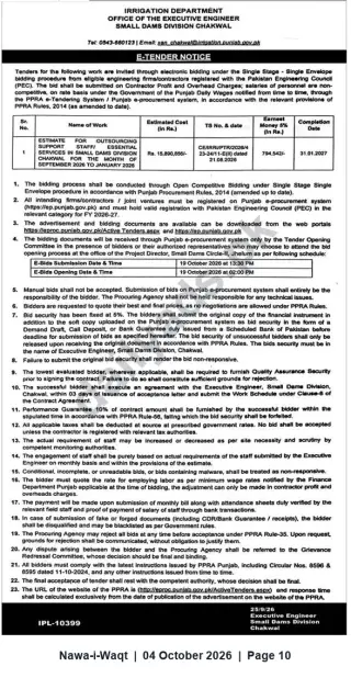 Newspaper clipping: Irrigation Department Punjab — E-Tender for Outsourcing Support Staff, Small Dams Division Chakwal, Nawa-i-Waqt, 04 Oct 2026