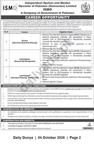 Newspaper clipping: ISMO Careers 2026 — Director & Lead Engineer Positions (Power Sector), Dunya, 04 Oct 2026