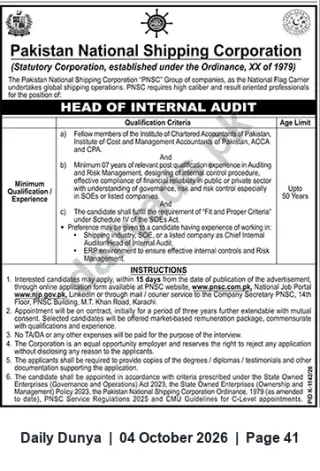 Newspaper clipping: PNSC Hiring: Head of Internal Audit (Contract) — Karachi, Dunya, 04 Oct 2026