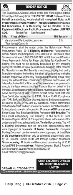 Newspaper clipping: Tender: Supply of Manufactured Vehicles & Accessories — Balochistan Aviation Limited (e-Tender TSE-2627/001198541), Jang, 04 Oct 2026