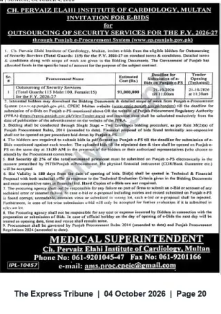 Newspaper clipping: Tender: Outsourcing of Security Services — Ch. Pervaiz Elahi Institute of Cardiology, Multan, The Express Tribune, 04 Oct 2026