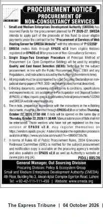 Newspaper clipping: SMEDA Procurement: Web Hosting Server Services (Ref P122250) — Bids via EPADS v2.0, The Express Tribune, 04 Oct 2026