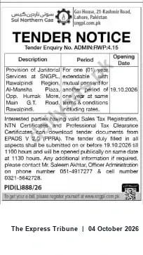 Newspaper clipping: SNGPL Tender ADMIN:RWP:4.15 — Janitorial Services at Rawalpindi Region (Deadline 2026-10-19), The Express Tribune, 04 Oct 2026