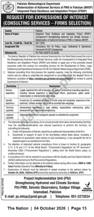 Newspaper clipping: PMD Request for Expressions of Interest — Policy, Legal, Institutional & Operational Framework Consultancy (IFRAP), The Nation, 04 Oct 2026