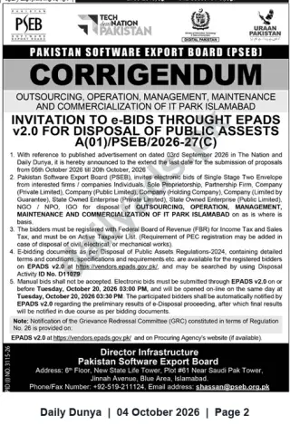 Newspaper clipping: PSEB Corrigendum — Extended Deadline for e-Bids: Disposal, Operation and Commercialization of IT Park Islamabad, Dunya, 04 Oct 2026