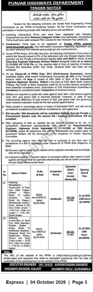 Newspaper clipping: Punjab Highways Department Tender — Widening & Rehabilitation Road Works in Sialkot (TS Nos. 4747/4748), Express, 04 Oct 2026