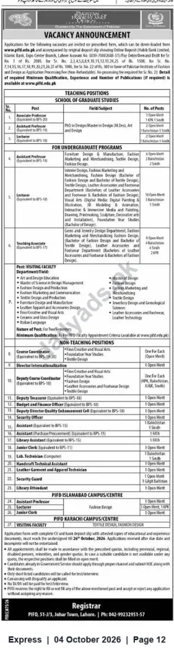 Newspaper clipping: PIFD Vacancy Announcement — Teaching and Non‑Teaching Positions (Lahore, Islamabad, Karachi), Express, 04 Oct 2026